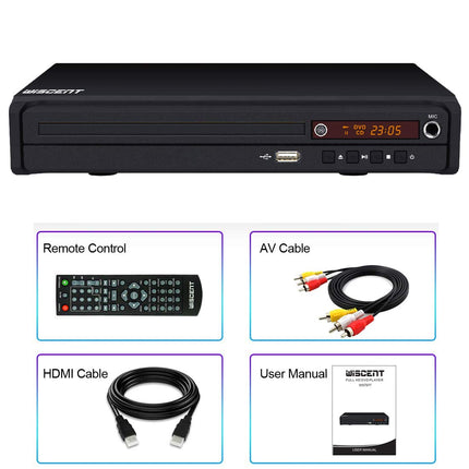 WISCENT HD DVD-mängija telerile HDMI/AV/koaksiaalväljundiga (HDMI-kaabel kaasas), USB 2.0 meediapleier, kõik regioonivabad, kompaktne DVD/CD-mängija (mitte Blu-ray)