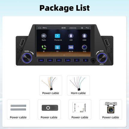 Autoraadio 1 DIN juhtmevaba CarPlayga, Android Auto 5-tolline puutetundlik ekraan, Bluetooth-ühendusega autostereo, toetab MirrorLinki/FM-raadiot/EQ-d/C-tüüpi laadimist/2 USB/AUX/SWC+tagurduskaamera kaugjuhtimispulti