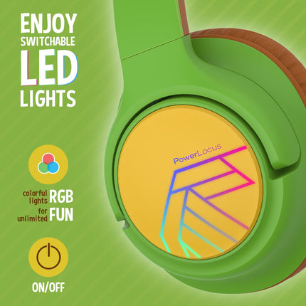 PowerLocus Bobo Bluetooth kõrvaklapid lastele, kõrvapealsed kõrvaklapid helitugevuse piiranguga 74/85/94dB, LED-tuled, juhtmevaba ja Aux-kaabel, kokkupandavad kõrvaklapid mikrofoniga mobiiltelefoni/tahvelarvuti/reisimiseks