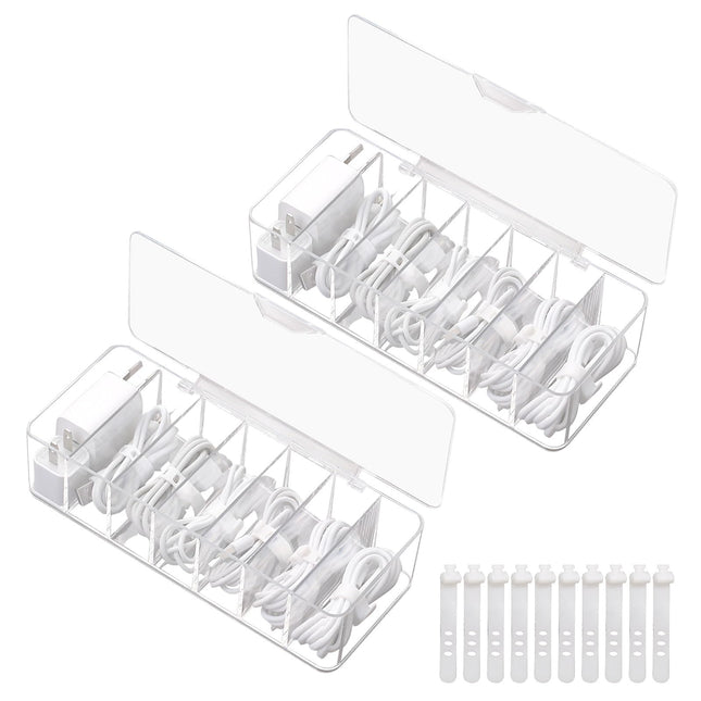 HTRTRR Cable Box 2 Pack, Cable Organizer with Lid, Transparent Cable Organizer Box with 7 Compartments and 10 Cable Ties, Cable Management Box for Desk Storage