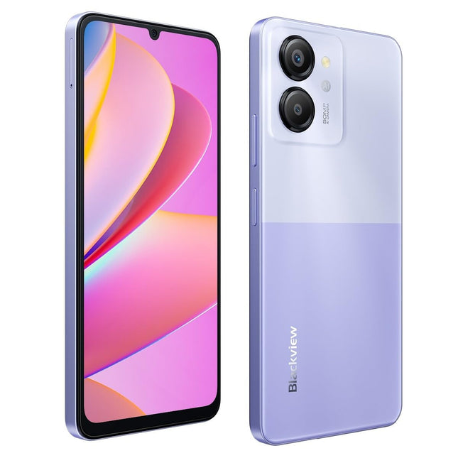 Blackview Color 8 nutitelefon lukustamata, 16 GB + 128 GB, 6,75" FHD+ 90Hz, 50 MP + 8 MP kaamera, 6000 mAh aku, KOLM kaardipesa, Android 13 mobiiltelefon, Smart-K Box kõlar, GPS, lilla