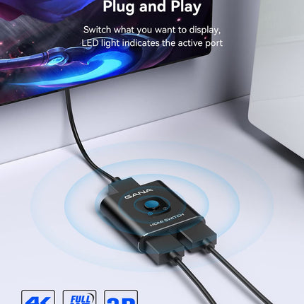 GANA HDMI jaotur 4K 60Hz 2 sisse ja 1 välja lülitav lüliti 1m kaabliga, alumiiniumkorpus, HDCP2.2 UHD 3D PS5/4, Xboxi, Blu-Ray DVD, Fire TV pulga, Chromecasti ja monitoride jaoks