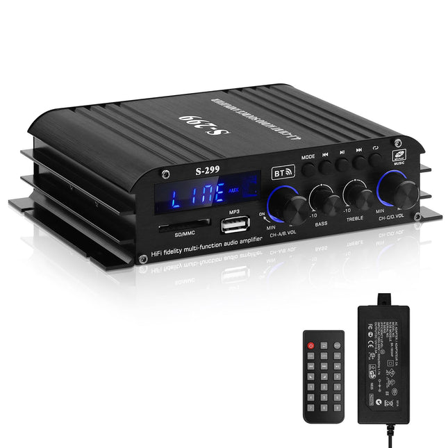 S-299 4.1-kanaliga HiFi võimendi, RMS 40Wx4+50W Bluetooth mini-audiovõimendi, max. 800W võimsus, passiivne subwoofer-võimendi, DC 12V/5A kodukõlaritele, USB SD-pesa, AUX