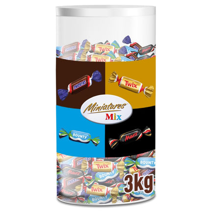 Miniatuursete šokolaadide segu, Mars, Snickers, Bounty &amp; Twix, klassikalised minibatoonid, piimašokolaad, šokolaadi suurpakk, peosegu, 296 batooni, 1 x 3 kg