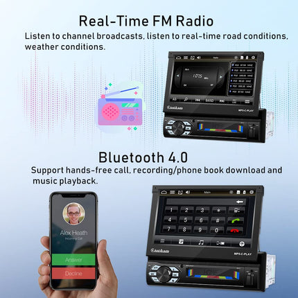 Car Radio 1 Din Apple Carplay with Screen Motorized Extendable with Android Auto Bluetooth, 7-inch Media Receiver Car Radio Stereo with FM Radio/Mirror Link + Rear View Camera and Microphone