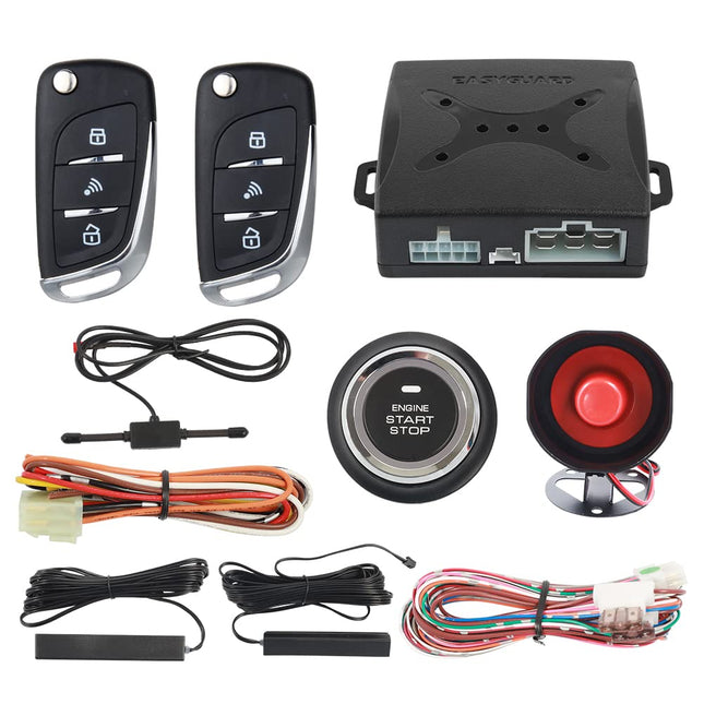EASYGUARD EC003N-V auto turvaalarmisüsteem PKE passiivse võtmeta sisenemise kaugjuhtimispuldiga, mootori käivitamise, seiskamise ja võtmeta käivitussüsteemiga, universaalne versioon, DC12V