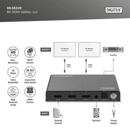 DIGITUS DS-55339 HDMI jaotur 1x2 – sisend: 1 port/väljund: 2 porti – UHD 8K/60 Hz HDTV: 7680 × 4320p – HDCP 2.3 ja HDMI 2.1 – HDR, Deep Color, EDID-lüliti – Toslink, Stereo (3,5 mm)