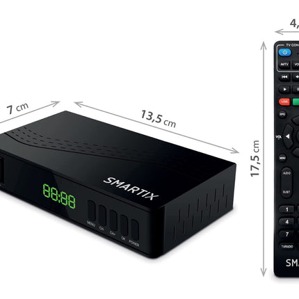 Atlantis SMARTIX DH17 maapealne digitaalne dekooder DVB-T2 HEVC H.265 mpeg2/mpeg4 H.264 meediapleier USB-pordi, HDMI ja SCART kaugjuhtimispuldiga, õppiv, Main 10, must