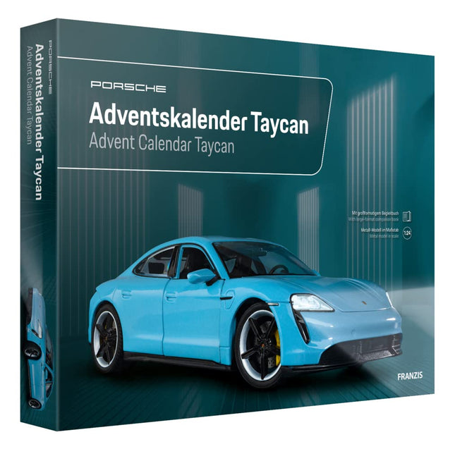 FRANZIS 67203 - Porsche Taycani advendikalender "Frozen Blue", metallist mudelkomplekt mõõtkavas 1:24, sh LED-valgustus ja 52-leheküljeline raamat