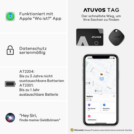 ATUVOS rahakoti jälgimiskaart õhuke 1,6 mm ja nutikas õhusilt, mis ühildub Apple Find My rakendusega (ainult iOS, Android ei ole toetatud), Bluetoothi ​​esemete leidja reisikohvri/rahakoti/kohvri/kottide ja muu jaoks