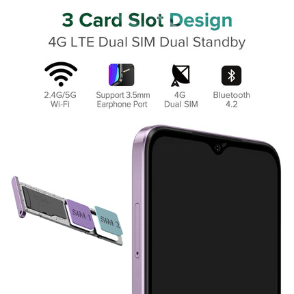 Ulefone Note 14 Pro Smartphone Unlocked, Android 12 Mobile Phone 8GB/64GB+128GB(SD) 4500mAh with 13MP+5MP Camera 6.52 inch HD+ 5Ghz WiFi 3 Slots/Face ID/GPS/FM/Large Font 4G Dual SIM Purple