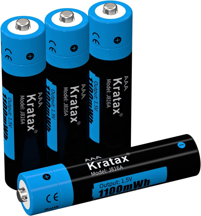 Kratax Rechargeable Lithium AAA Battery, 1100 mWh 1.5 V AAA Lithium Battery Fast Charge 1200 Charge and Discharge Cycles (4-Pack)