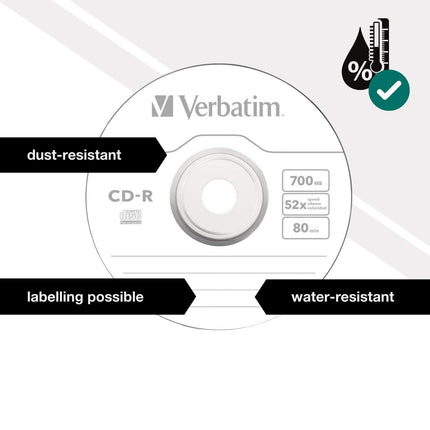 Verbatim CD-R Extra Protection, tühjad CD-d 700 MB andmesalvestusega, ideaalsed foto- ja videosalvestuste jaoks, ühilduvad iga tavalise CD-draiviga, 100 tk pakis