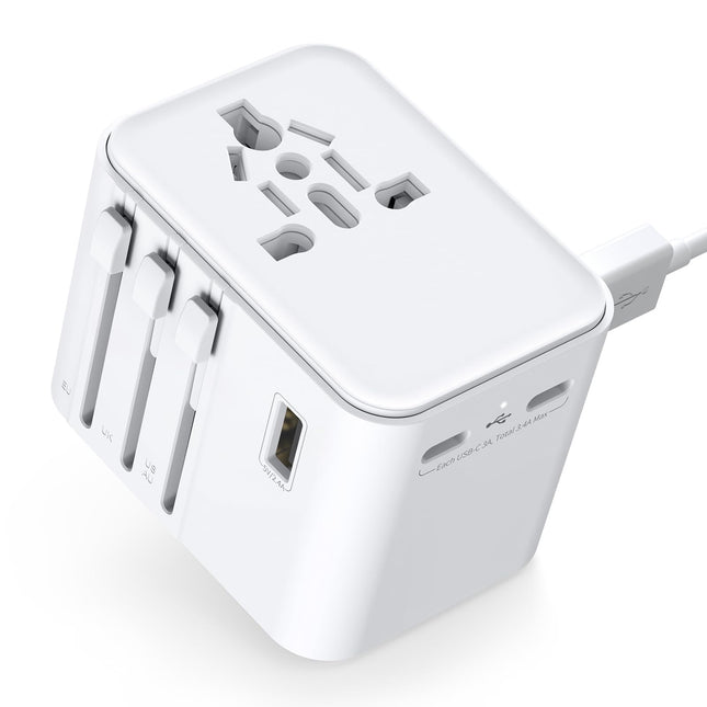 2025. aasta uusim reisiadapter kogu maailmas, universaalne reisipistik 2 USB A ja 2 USB C-ga, rahvusvaheline pistikutega reisiadapter Saksamaa, USA, Inglismaa, Austraalia ja Jaapani jaoks, reisitarbed (valge)