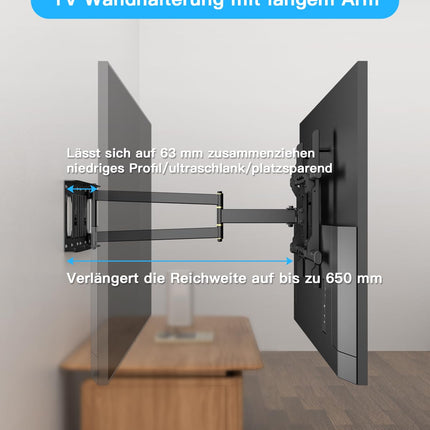WHYFONE teleri seinakinnitus 650 mm pikkuse varrega. WHYFONE teleri seinale kinnitatav pöörlev kronstein, täisliikumisega, kallutatav ja pööratav nurgahoidik 32–70-tollistele lame- ja kumeratele teleritele, kuni 35 kg, VESA 600x400 mm.