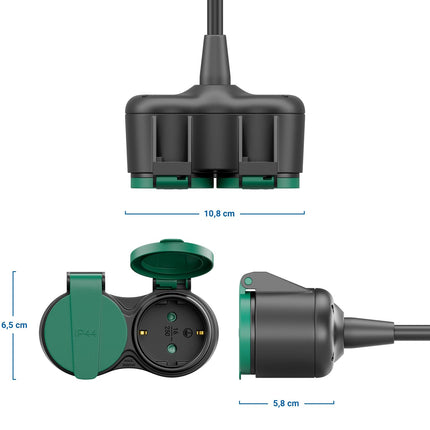 deleyCON 5m välistingimustes kasutatav pikenduskaabel IP44 (H07RN-F 3G1.5mm²) toitepikenduskaabel ilmastikukindlaks kummist välistingimustes kasutamiseks - maanduskontaktiga pistik 2x pistikupesaga - must