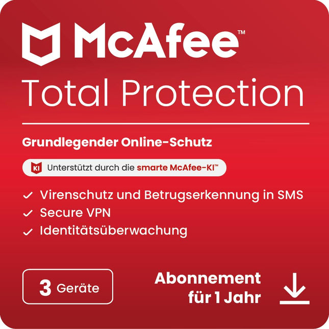 McAfee Total Protection (3 seadet) 2025 | 12 kuud | Turvaline VPN, turvatarkvara viirusetõrje, paroolihalduri ja identiteedi jälgimisega | Digitaalne allalaadimine