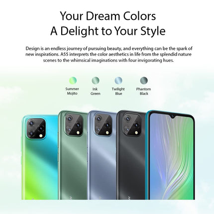 Blackview A55 4G nutitelefon ilma lepinguta, soodne, 6,53-tolline HD+ ekraan, MT6761V 2,0 GHz 3 GB + 16 GB, 5 MP + 8 MP kaamera, 4780 mAh aku, Android 11 DUAL SIM mobiiltelefon GPS näotuvastus sinine