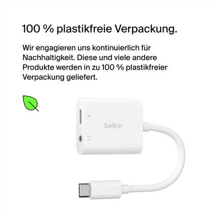Belkin Rockstar™ 3.5 mm Audio + USB-C® Charging Adapter, Headphone Adapter, Fast Charging with USB-C Power Delivery, 60 W, for iPhone 15, iPad Pro, Galaxy, Note, Google Pixel, LG, Sony Xperia, and more, White