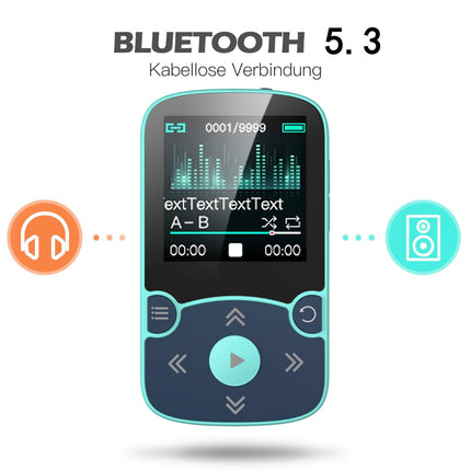 AGPTEK MP3-mängija Bluetooth 5.3 Sport 64GB 1,5-tollise TFT värvilise ekraaniga, mini-muusikamängija klambriga, toetab kuni 128GB SD-kaarti, sinine