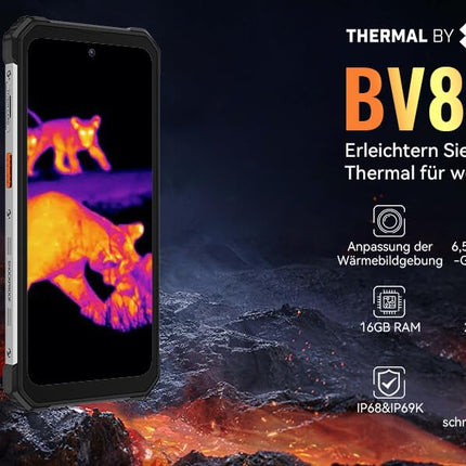 Blackview termokaameraga õuenutitelefon BV8900, 10000mAh aku, Helio P90 700 16GB+256GB, 64MP kolmekordne kaamera, 6,5'' 2.4K FHD+, IP68 Android 13 õuetelefon ilma lepinguta, NFC GPS OTG oranž