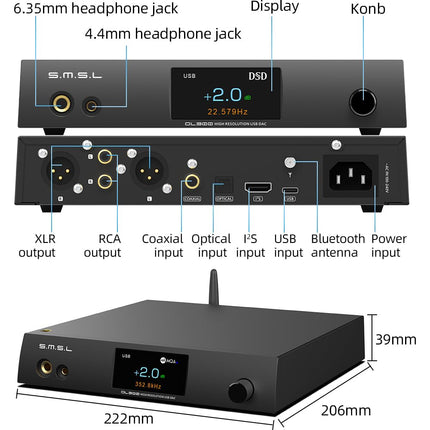 SMSL DL300 heli-DAC kõrvaklapivõimendiga, AK4499EX+AK4191EQ kiip, PCM 32bit/768kHz DSD Native DSD512 XMOS XU-316, USB/optiline/koaksiaal/Bluetooth/I2S sisend koos kaugjuhtimispuldiga