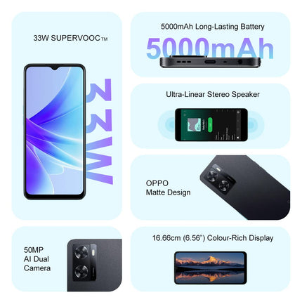 Oppo A57s, 4+128GB, tähine must, SIM-kaardita lukustamata nutitelefon, 33W SUPERVOOC, 5000mAh aku, 50MP kaamera
