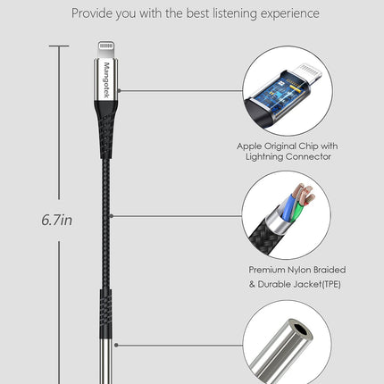 Mangotek iPhone'i kõrvaklappide adapter, läikiv ja punutud Lightning - 3,5 mm kõrvaklappide pesa adapter, audio dongle kõrvaklappide Aux-adapter Apple iPhone 12 Pro Max Mini 11 SE 7 8 Plus X XS XR jaoks