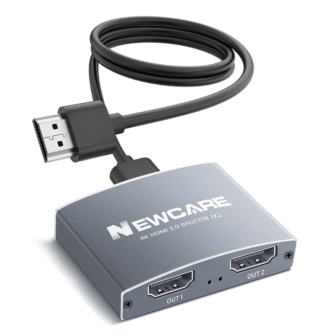 NEWCARE HDMI-jaotur 1 sisse/2 väljundit (ainult peegel, mitte pikendatav), 4K@60Hz HDMI-jaotur 1 kuni 2 koos 1,2M kiire kaabliga, HDMI-jaotur kahe monitori samaaegseks kasutamiseks Full HD teleri, Xboxi, PS4/5 ja teiste seadmete jaoks, hall