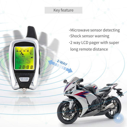 Easyguard EM209 kahesuunaline mootorratta alarmsüsteem puldiga, mootori käivitamise mikrolaineandur, värviline LCD-piipari ekraan, löögiandur, lähedusandur komplektis, universaalne versioon 12 V DC