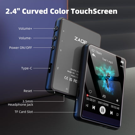 64GB MP3 Player Bluetooth 5.3 2.4" Full Touchscreen Portable MP3 Player with Speaker, Voice Recorder, FM Radio, Line Recording Support 128GB Kids MP3 Player (Black)