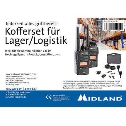 Midland G18 Pro, kahesuunaline raadiosaatja, 99 PMR446 kanalit, sõjaväeklassi raadiosaatja, IP67 sertifitseeritud, liitiumioonaku, laualaadija, vööklamber, must