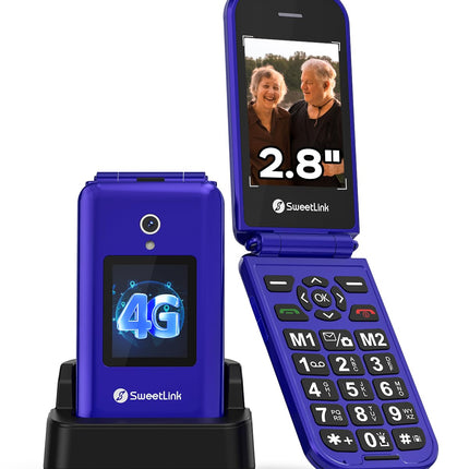 SweetLink F4PLUS 4G - lepinguta seenioride mobiiltelefon suurte nuppudega, 2,8-tollise ekraaniga seenioridele mõeldud mobiiltelefon, 1400mAh aku, SOS-hädaabikõne funktsioon, fotokontakt, USB-C laadimisjaam, kahekordne nano-SIM, sinine