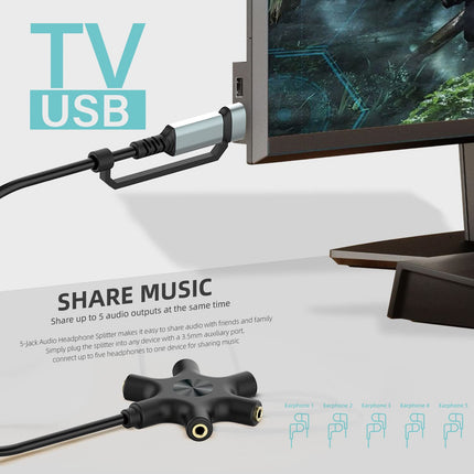 HIEbee USB A/C to Headphone Splitter, 5-Jack 3.5 mm Audio Headphone Splitter Stereo Audio Headset Adapter, Audio Earphone Connector 5-Way 1 Male to 4 Female Splitter with 3.5 mm Stereo Cable