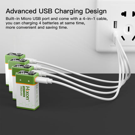 Hixon 9V USB-C Battery, Rechargeable Lithium 9V Block Battery, 760 mAh High Capacity with Type-C Charging Cable, for Smoke Detectors and Multimeters, 4 Pieces 9V Lithium Battery