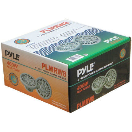 Pyle PLMRW8 Sea subwoofer, veekindel, 8" (20,00 cm), 200 mm, valge. Sobib paatidesse, basseini või muudesse kohtadesse. Avatav ühe mähisega, 4 oomi takistus, 200 vatti, RMS, max 400 vatti.