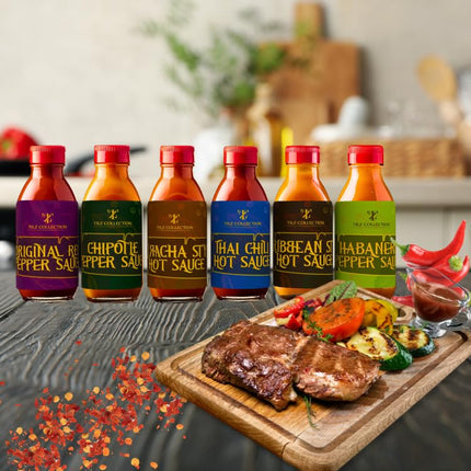 Tilz, tšillikastme kinkekomplekt – tänavatoidu tšillikastme kinkekomplekt, gurmeekingitused – Buffalo, Sriracha, Tšilli, grillikastmed, Chipotle – 6 pudelit grillikastet, tšillikastme kinkekomplektid