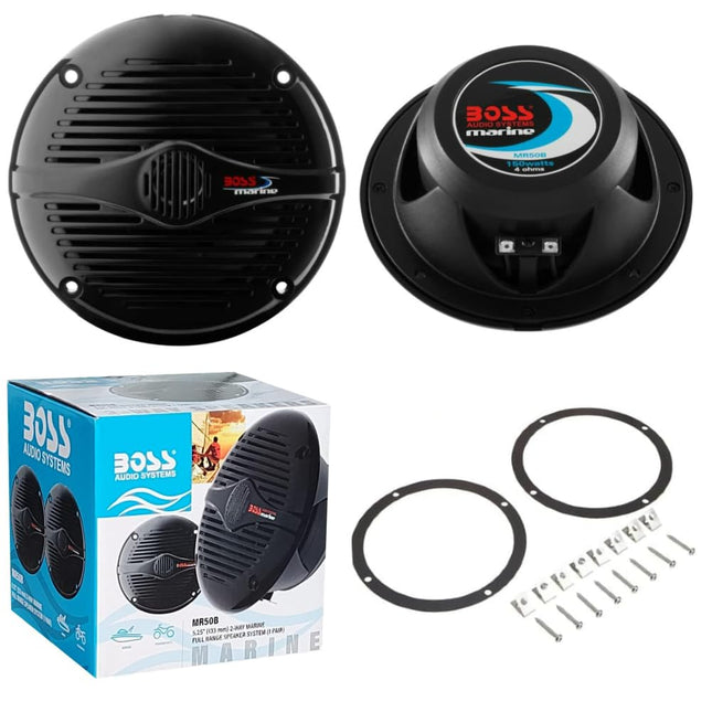 KIT set FOR BOSS Audio Systems MR50B 2 Black 2-way marine speakers 5.25" 13.5 cm 135 mm, 75 watts rms 150 watts max, waterproof, sea, swimming pool, boat, hotel, per pair + free accessories