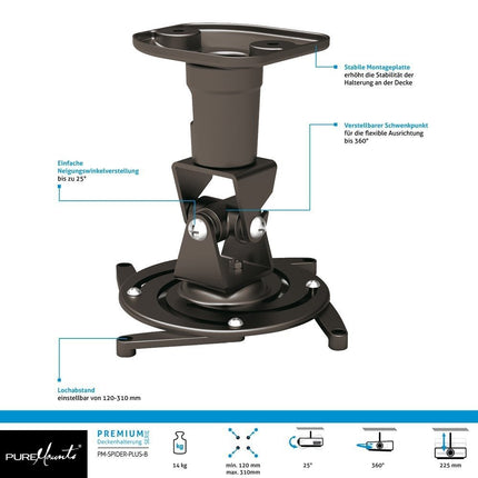PureMounts projektori laekinnitus Spider-Plus-B - 25-kraadine kallutus ja 360-kraadine pöörlemine, 220 mm lae kõrgus, (15 kg), aukude vahe 180-310 mm, must