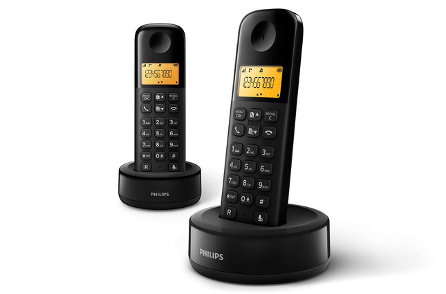Philipsi juhtmeta telefon D1602B/01 Duo - DECT-telefon 2 komplektis - kodutelefon 1,6-tollise ekraaniga - telefoniraamat ja helistaja ID - leviala 300 m - helitugevuse regulaator - plastik - must