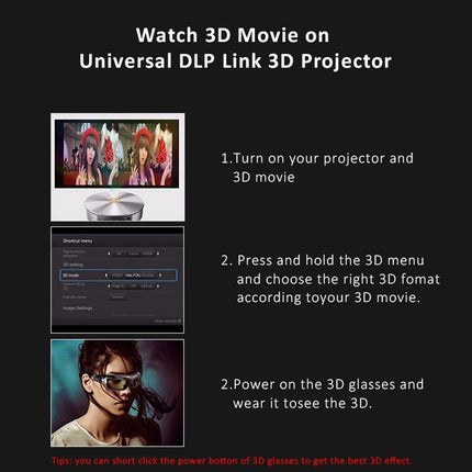 DLP LINK 3D Glasses, 144 Hz Refresh Rechargeable Active Shutter 3D Glasses for Most DLP LINK 3D Projectors, for Optoma, for Dell, for Acer