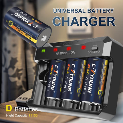 Rechargeable D Batteries with USB Type-C Universal Charger, 4-Pack 1.5V Lithium D Cell 11000mWh High Capacity, Compatible with AA, AAA, C, D and more