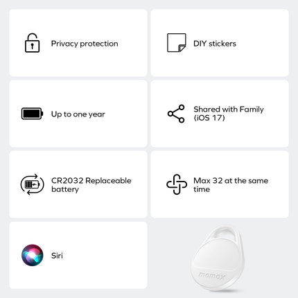 Momax Smart Air Tracker, pagasijälgija, nutikas silt võtmetele, seljakottidele, rahakottidele ja lemmikloomadele, töötab Apple Find My rakendusega (ainult iOS 18+), sisaldab globaalset otsinguvõimalust, 2-osaline komplekt