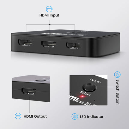 NEWCARE HDMI-lüliti 3 sisse ja 1 välja koos 2,6 jala pikkuse HDMI-kaabliga, 4K@60Hz HDMI-lüliti, 3-pordiline HDMI-jaotur, mis toetab Dolby Atmos HDR10-t