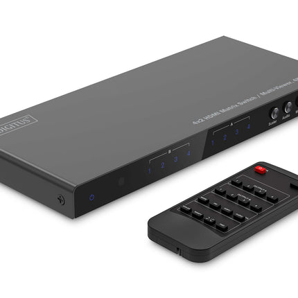 DIGITUS DS-55345 HDMI Matrix Switch 4x2 – 4 In 2 Out – UHD 4K/30 Hz HDTV: 3840 x 2160p – HDCP 1.4 &amp; HDMI 1.4b – Multi-Viewer, Split-Screen, Pip – RS232, Audio (Toslink, Stereo 3.5mm)