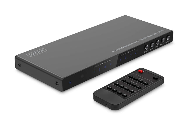 DIGITUS DS-55345 HDMI maatrikslüliti 4x2 – 4 sisendit, 2 väljundit – UHD 4K/30 Hz HDTV: 3840 x 2160p – HDCP 1.4 ja HDMI 1.4b – mitme vaatajaga, jagatud ekraan, pip – RS232, heli (Toslink, stereo 3,5 mm)