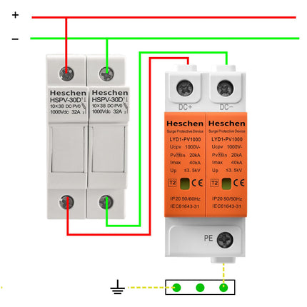 Hescheni ülepingekaitseseade PV-le, LYD1-PV1000, 2P 1000VDC 20KA, 35mm DIN-rööpale kinnitatav (1)