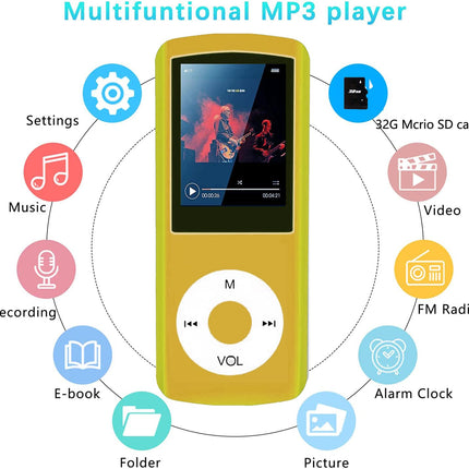 Hotechsi MP3-/MP4-mängija, MP3-mängija 32 GB mälukaardiga, õhuke disain, digitaalne LCD-ekraan, 4,6 cm (1,8 tolli) ekraan, FM-raadio