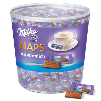 Milka Naps Alpine Milk 1 x 1kg, õrnalt sulavad minišokolaaditahvlid peenest Alpide piimašokolaadist, purk