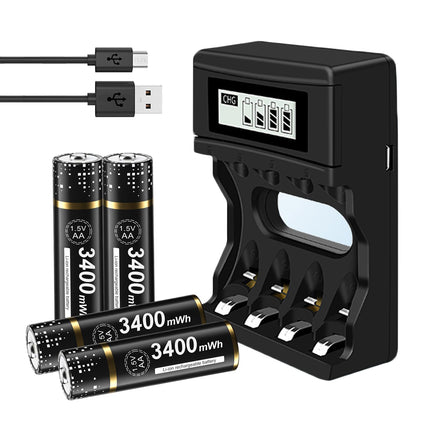 Laetavad AA-patareid koos laadijaga - 4 tk 3400 mWh 1,5 V/liitium AA-patareid, laetavad LCD-ekraaniga, kiirlaadijad, akulaadija, 4 pesaga liitiumioonakude Mignon AA ja Micro AAA laetavate akude jaoks